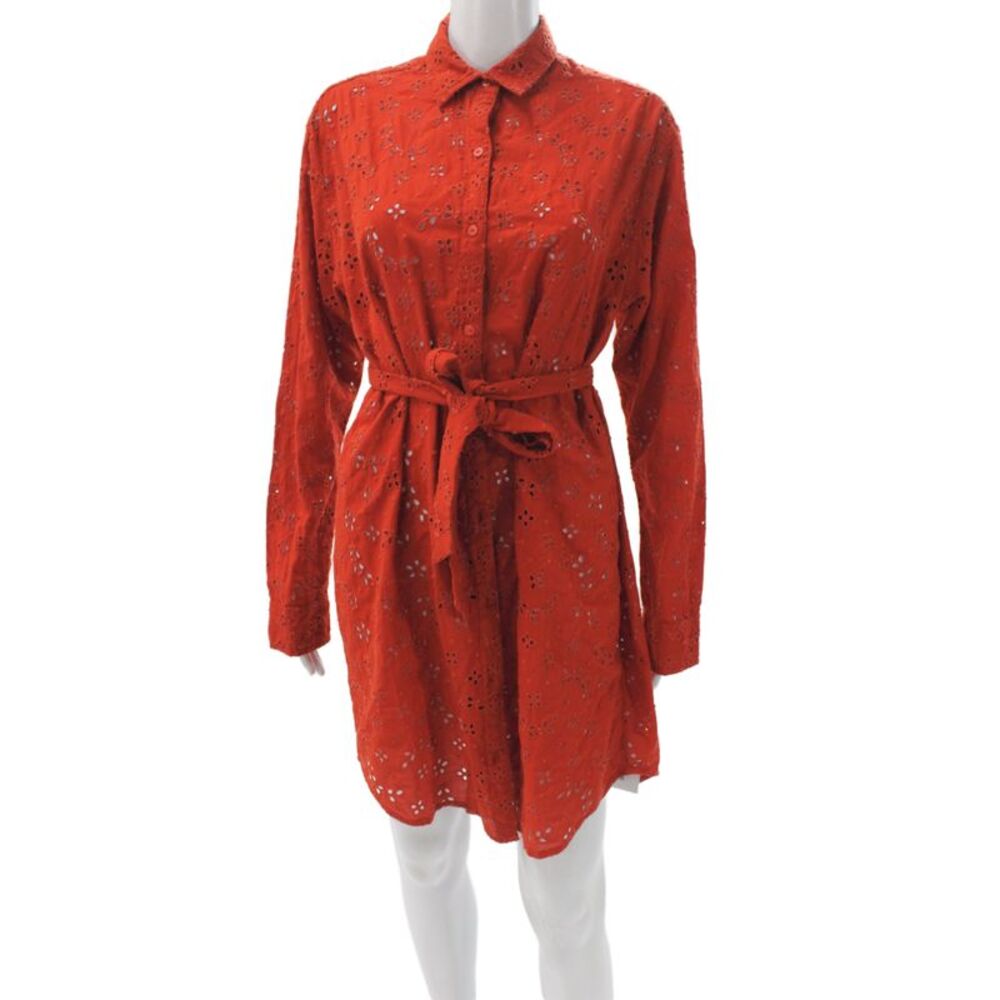 Unsubscribed Womens Shirt Dress Red Cotton Floral Long Sleeve Knee Boho Size XS